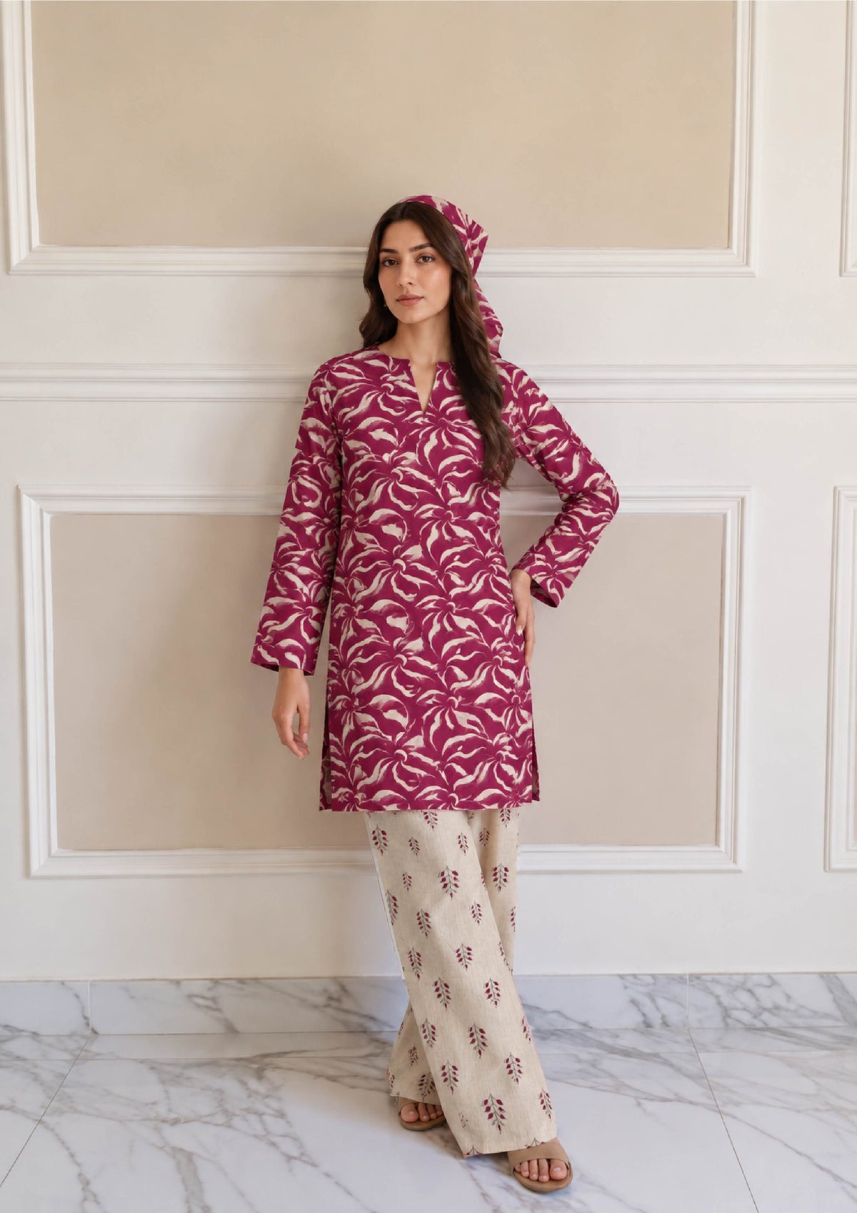 Rosabelle Pakistani printed lawn suit with magenta printed shirt and ivory wide-leg trousers, front view by Mirasl
