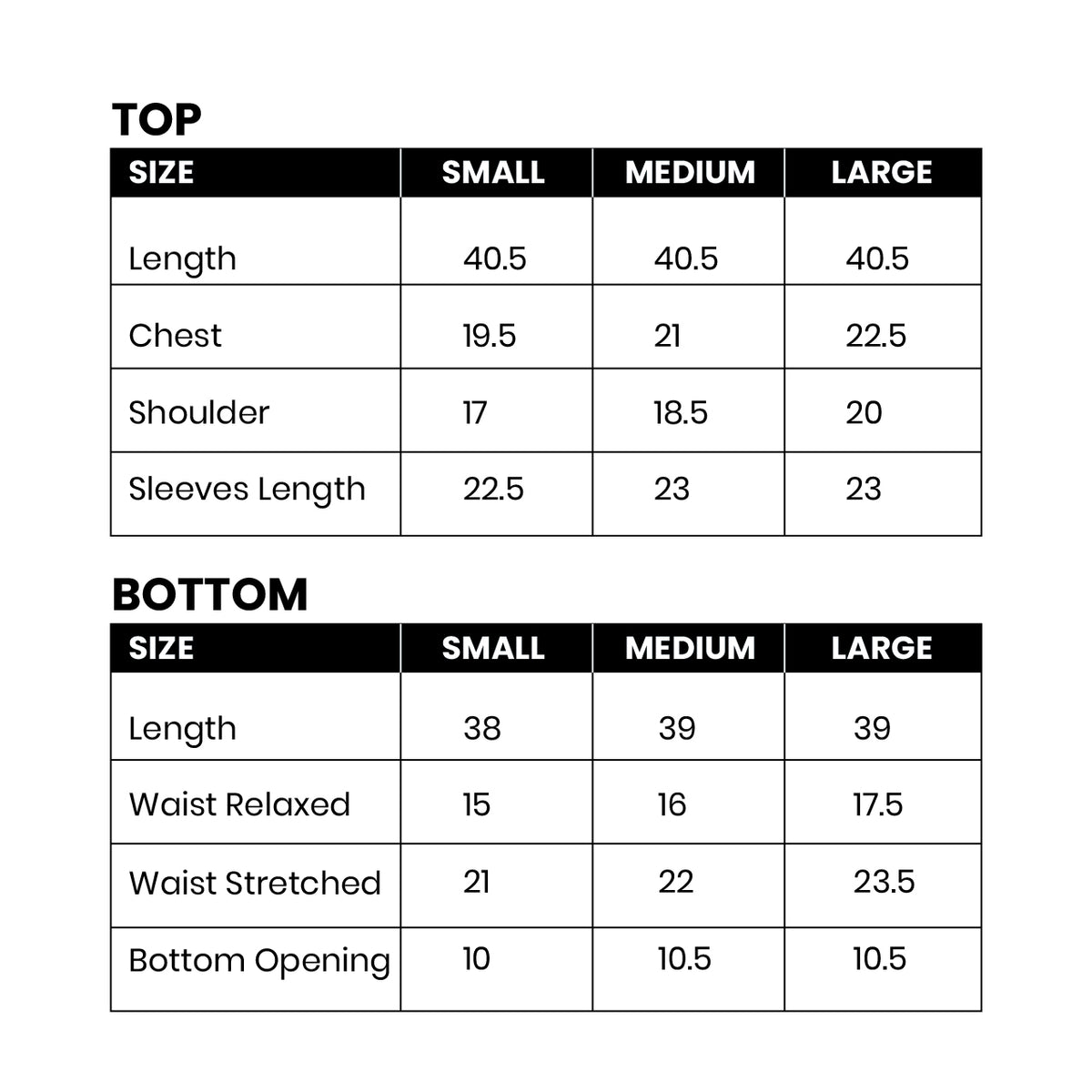 Mirasl suit size guide