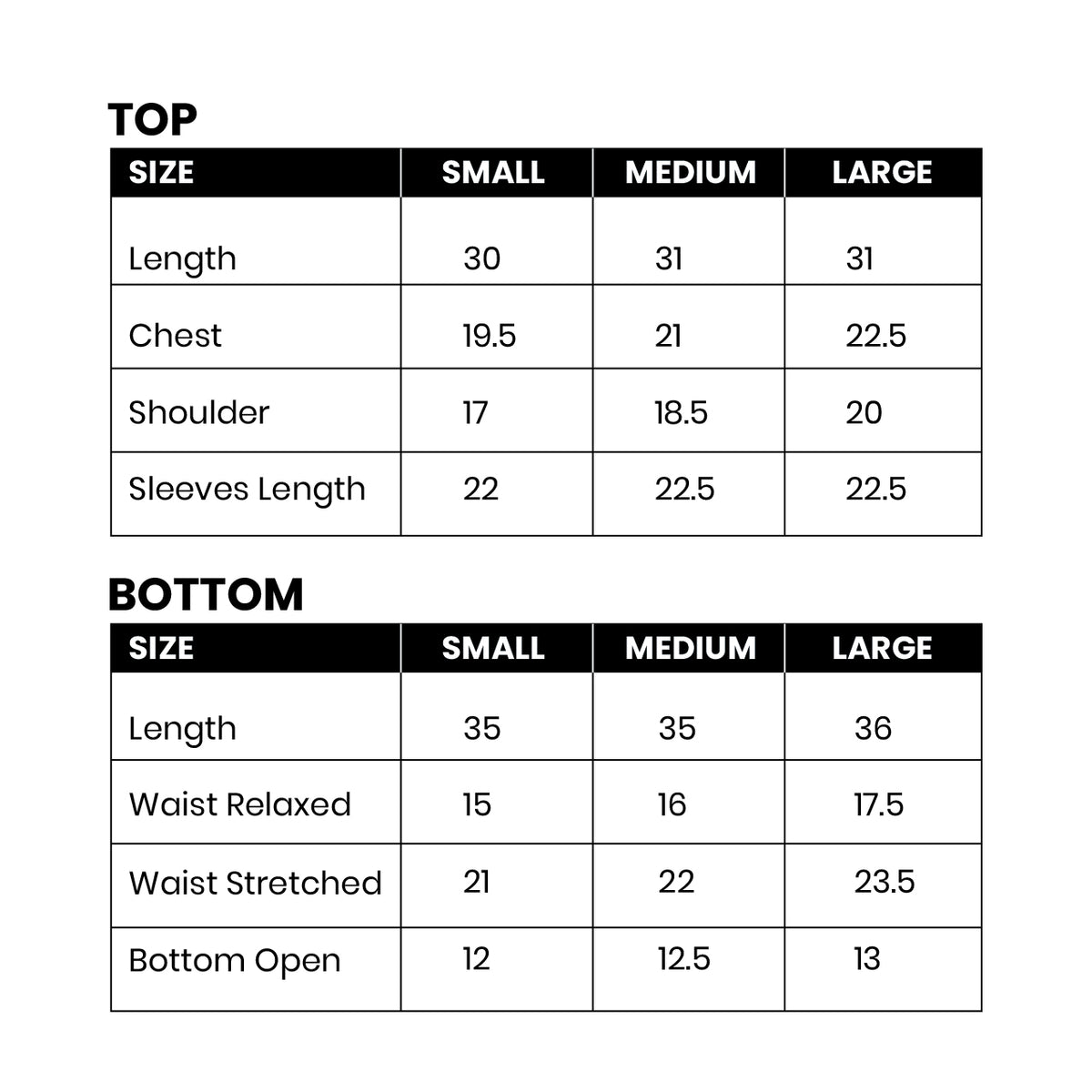 Mirasl suit size guide