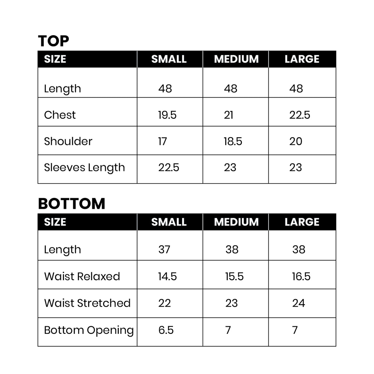 Mirasl suit size guide