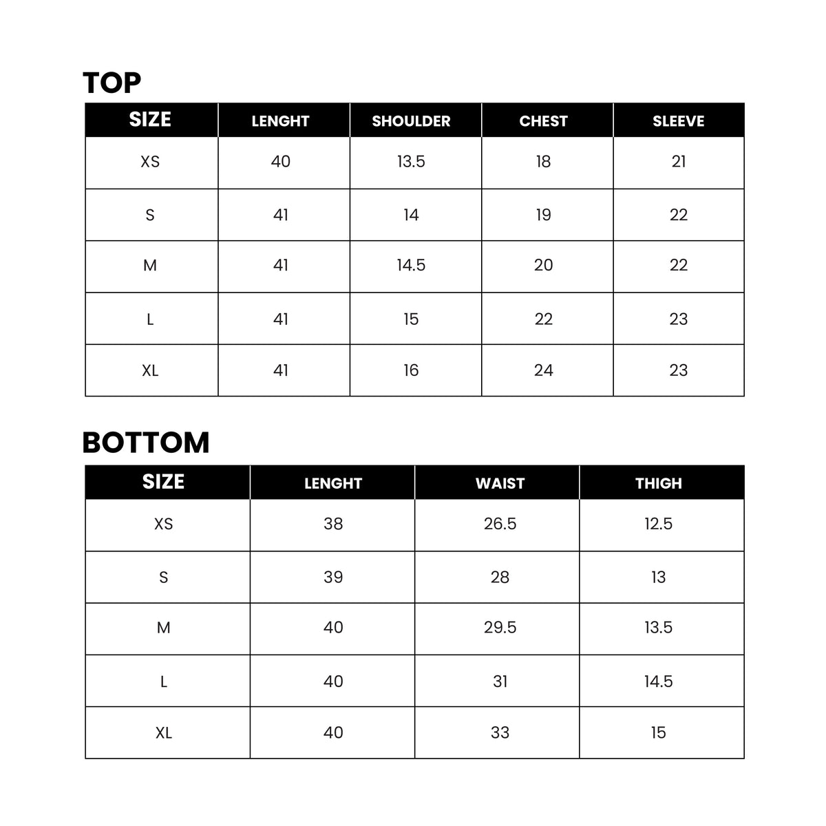 Mirasl suit size guide