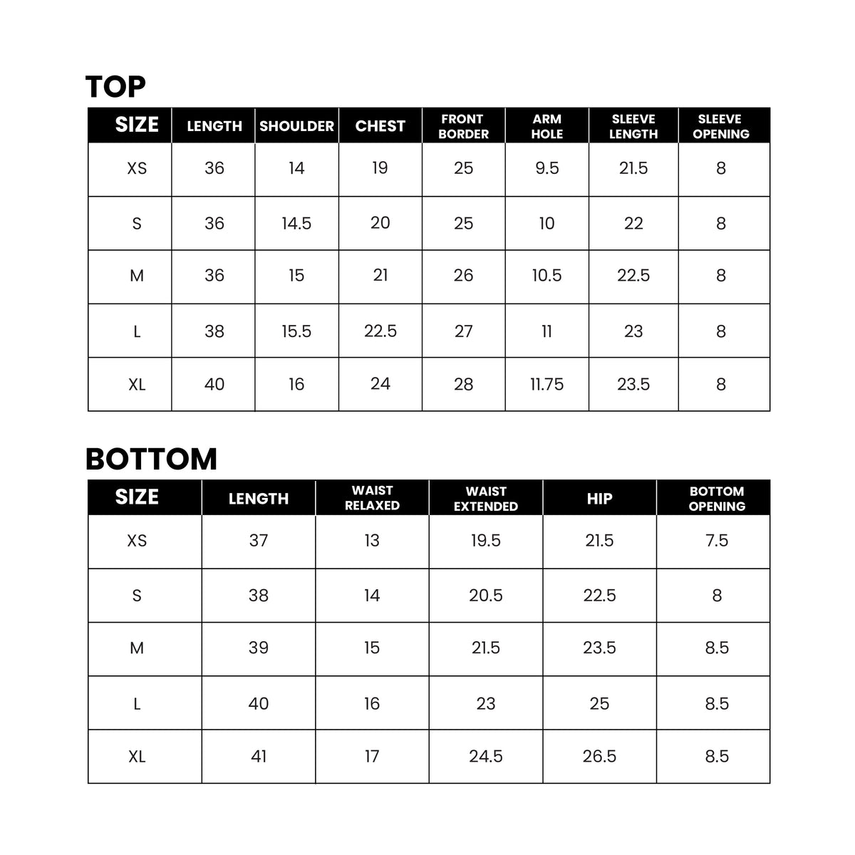 Mirasl suit size guide