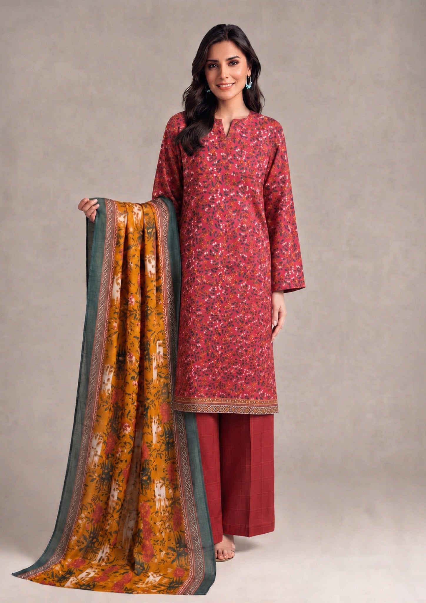 Amber Glow 3 Piece Stitched Lawn Suit from the fasl-e-rang collection by Mirasl featuring red printed lawn shirt and amber floral dupatta