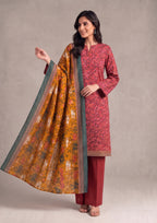 Front view of Amber Glow 3 Piece Stitched Lawn Suit by Mirasl with red printed lawn shirt, red trouser and amber dupatta