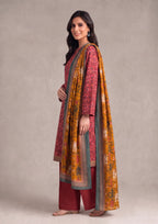 Side view of Amber Glow Pakistani 3 Piece Stitched Lawn Suit with amber floral printed dupatta and red wide-leg trouser