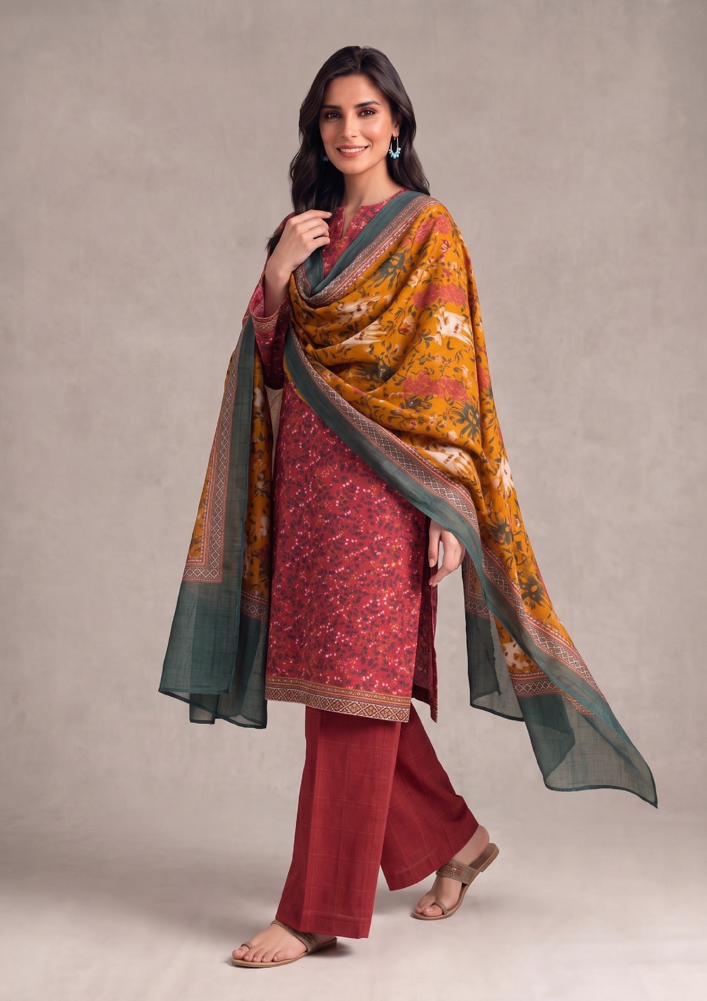 Elegant Amber Glow 3 Piece Stitched Lawn Suit by Mirasl showing red printed lawn outfit with amber floral dupatta