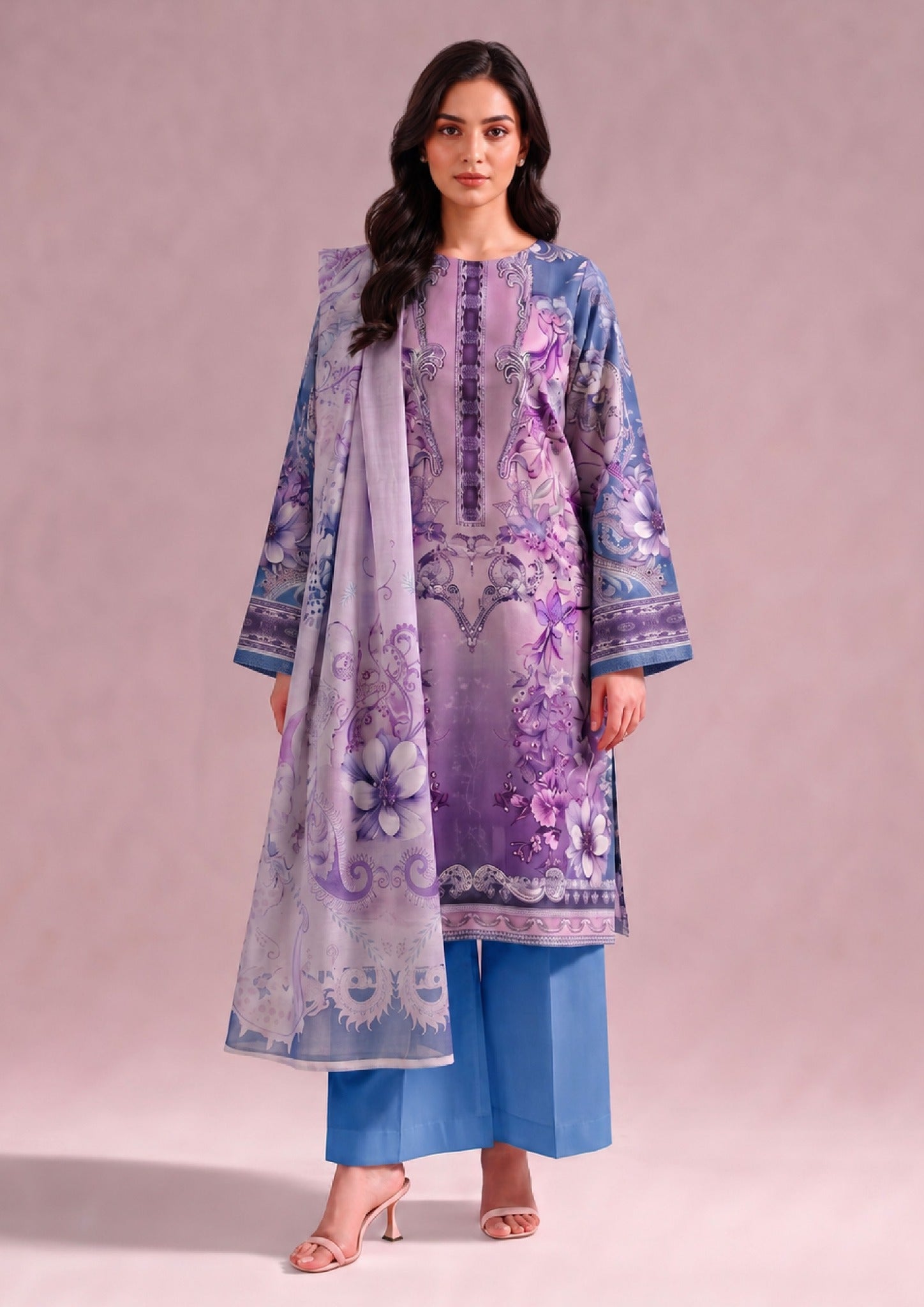 Amethyst 3 Piece Stitched Lawn Suit in Printed Lawn with purple floral print and matching dupatta by Mirasl