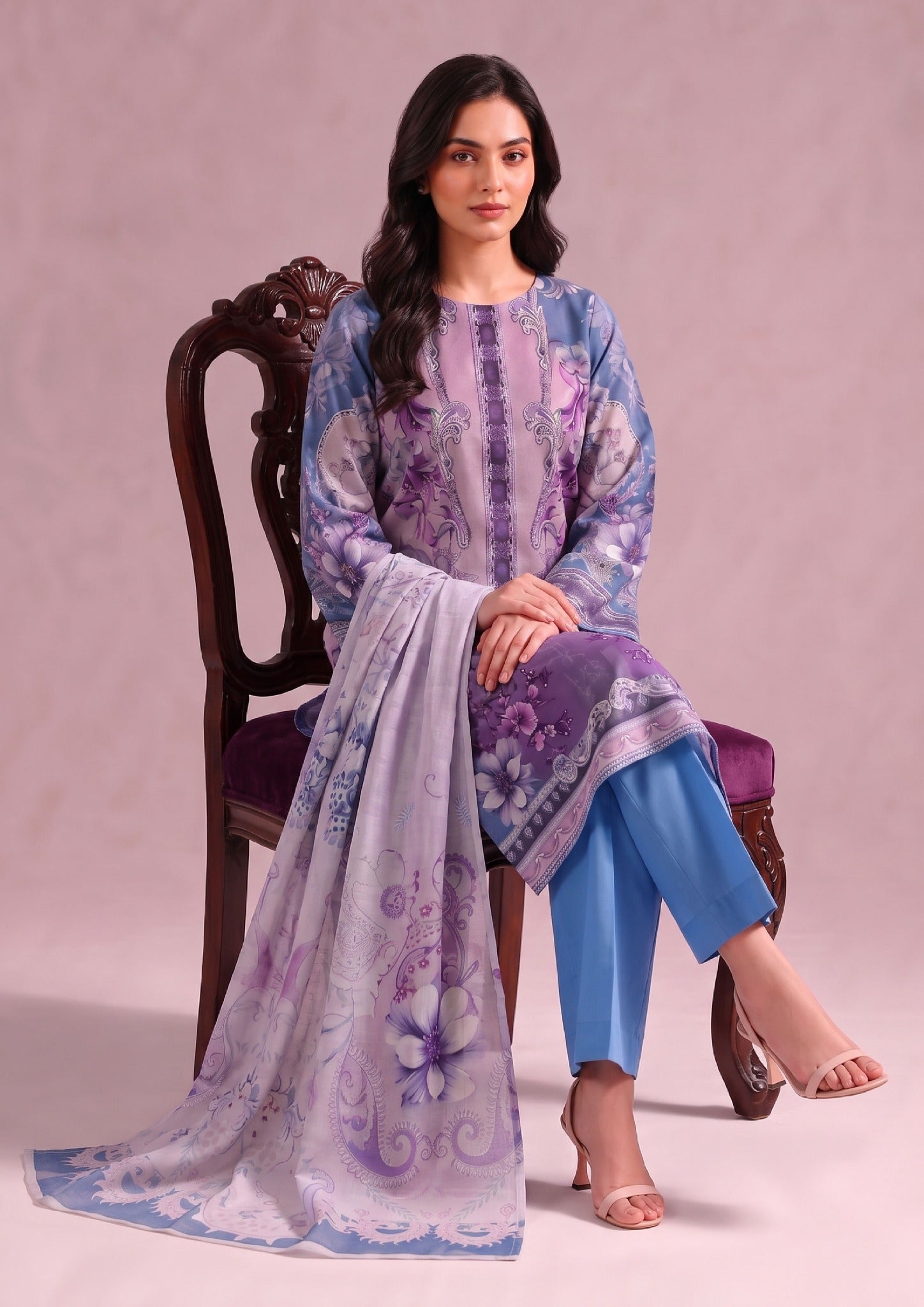 Amethyst Pakistani Lawn Suit featuring amethyst purple shirt, blue trouser, and coordinated printed dupatta