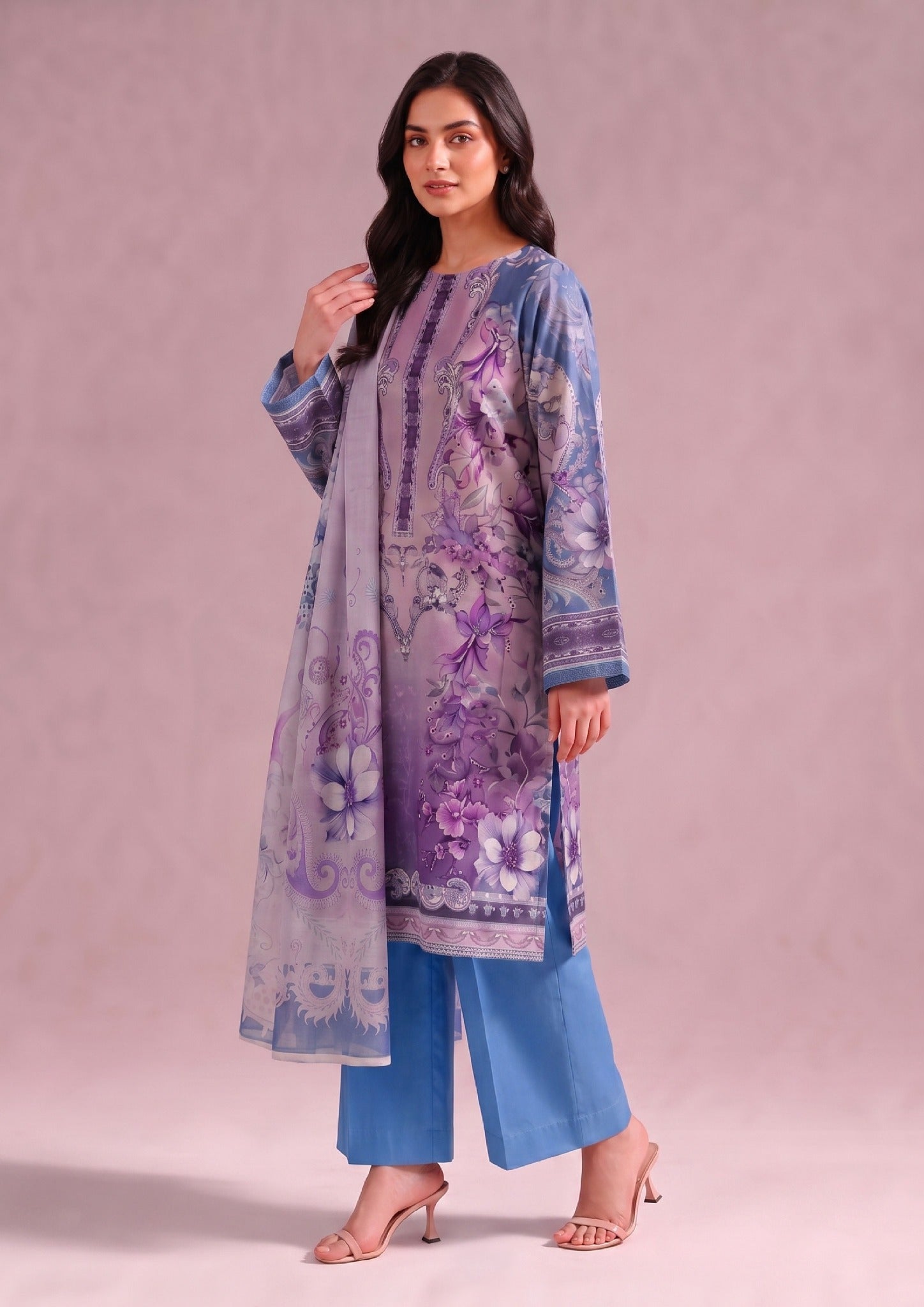 Seated view of Amethyst women's lawn suit from the fasl-e-rang collection by Mirasl