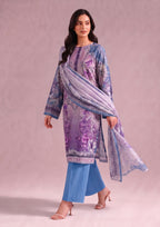 Front view of Amethyst 3 Piece Stitched Lawn Suit with coordinated printed dupatta by Mirasl