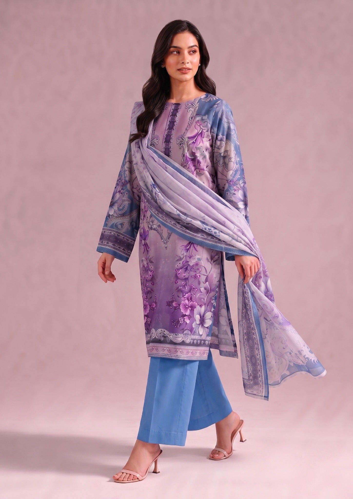 Front view of Amethyst 3 Piece Stitched Lawn Suit with coordinated printed dupatta by Mirasl