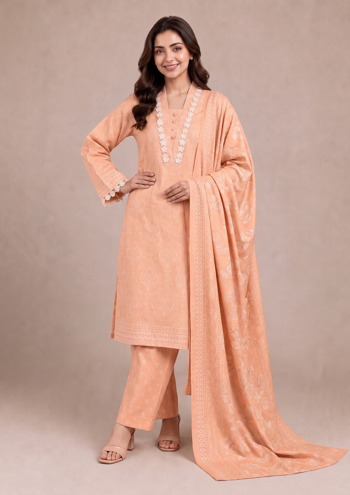 Apricot Soft - 3 Piece Stitched Lawn Suit - Fasl-e-Rang - Mirasl