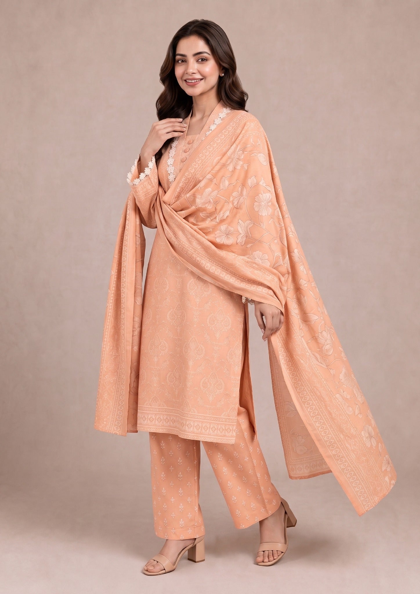 Apricot Soft - 3 Piece Stitched Lawn Suit - Fasl-e-Rang - Mirasl