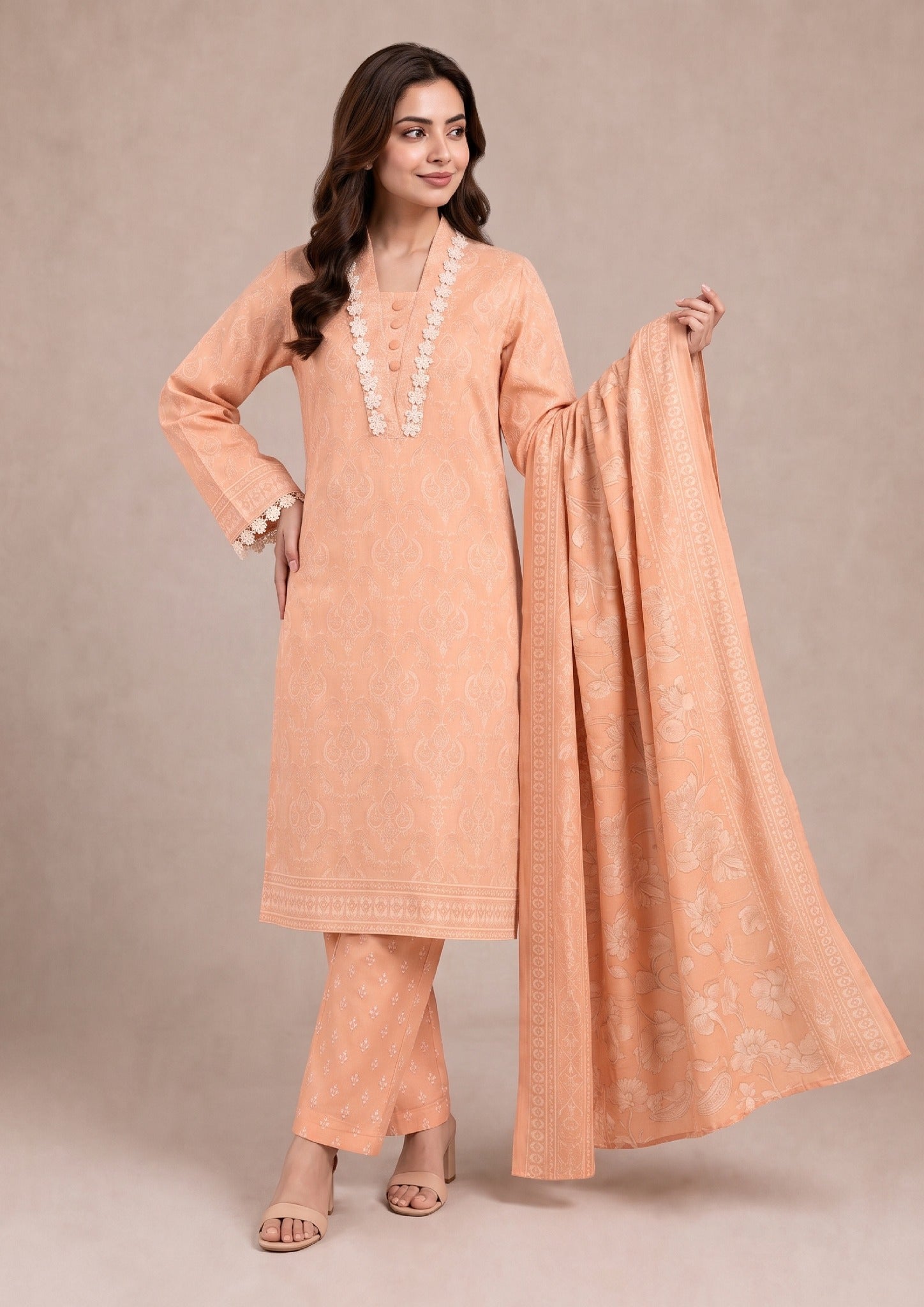 Apricot Soft - 3 Piece Stitched Lawn Suit - Fasl-e-Rang - Mirasl