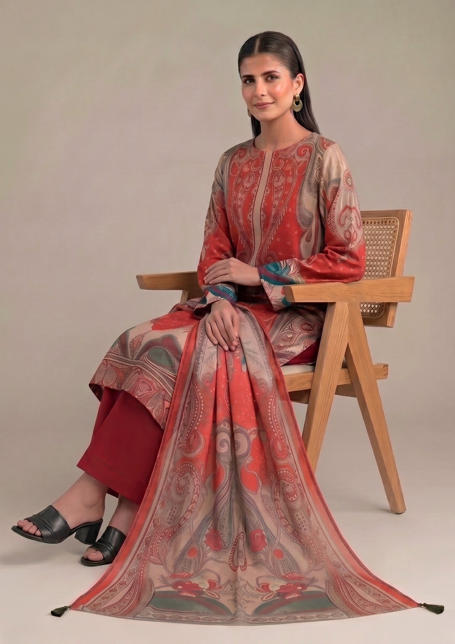 Artisan Scarlet Pakistani Lawn Suit featuring scarlet shirt, red trouser, and coordinated printed dupatta
