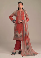 Front view of Artisan Scarlet stitched printed lawn suit with paisley dupatta by Mirasl