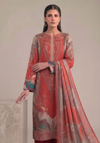Close front view of Artisan Scarlet women's lawn suit from the fasl-e-rang collection by Mirasl
