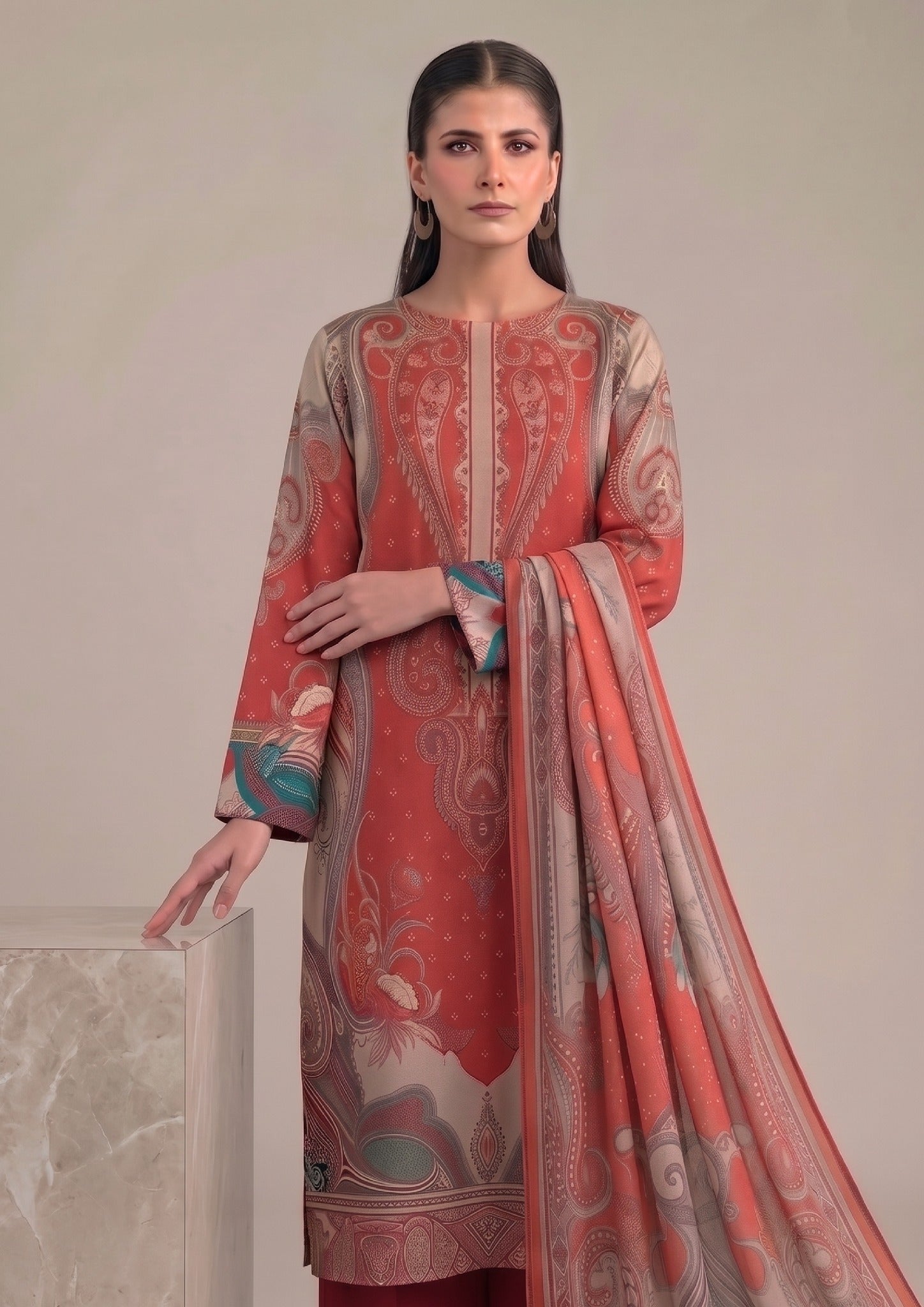 Close front view of Artisan Scarlet women's lawn suit from the fasl-e-rang collection by Mirasl