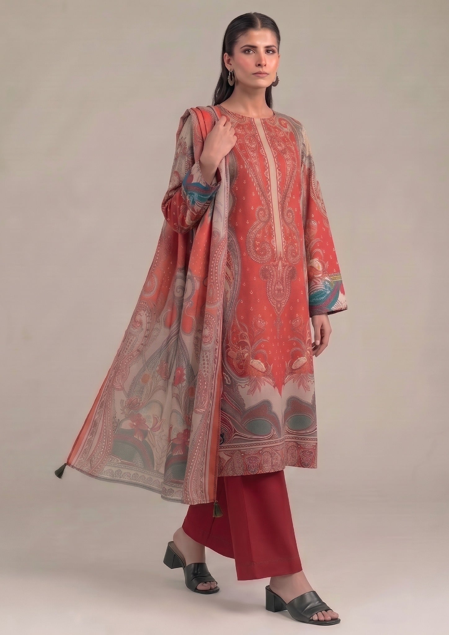 Artisan Scarlet product view with printed lawn suit and coordinated dupatta by Mirasl