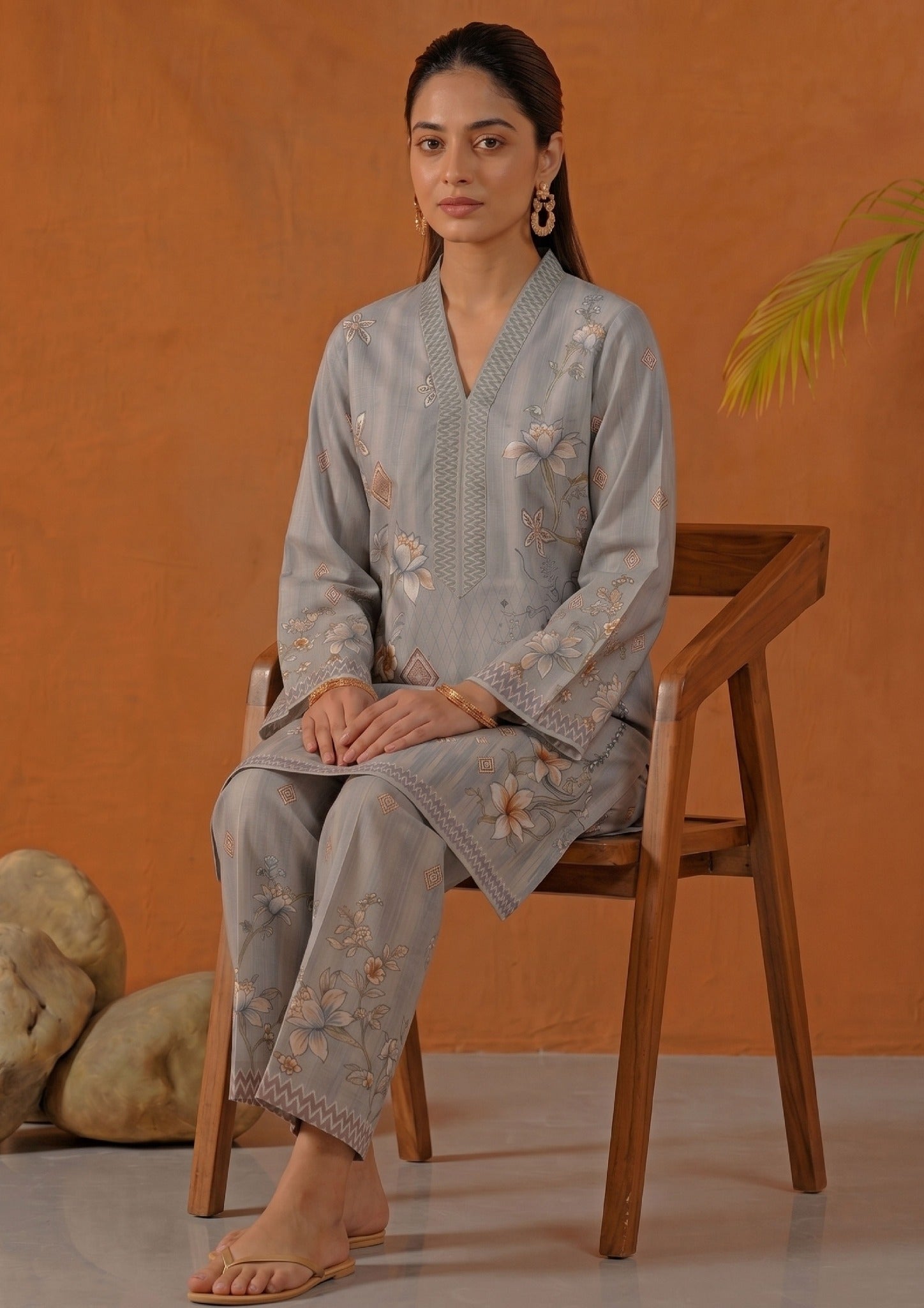 Back view of Mirasl Aura Grey 2 piece printed lawn co-ord set showing grey floral shirt and matching printed trouser.