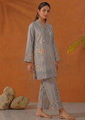 Mirasl Aura Grey 2 piece printed lawn co-ord set in soft grey with beige ivory floral print and matching printed straight trouser.