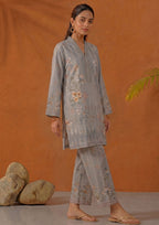 Mirasl Aura Grey 2 piece printed lawn co-ord set in soft grey with beige ivory floral print and matching printed straight trouser.