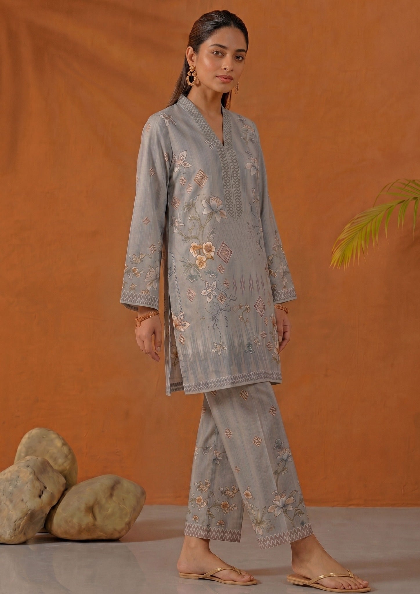 Mirasl Aura Grey 2 piece printed lawn co-ord set in soft grey with beige ivory floral print and matching printed straight trouser.