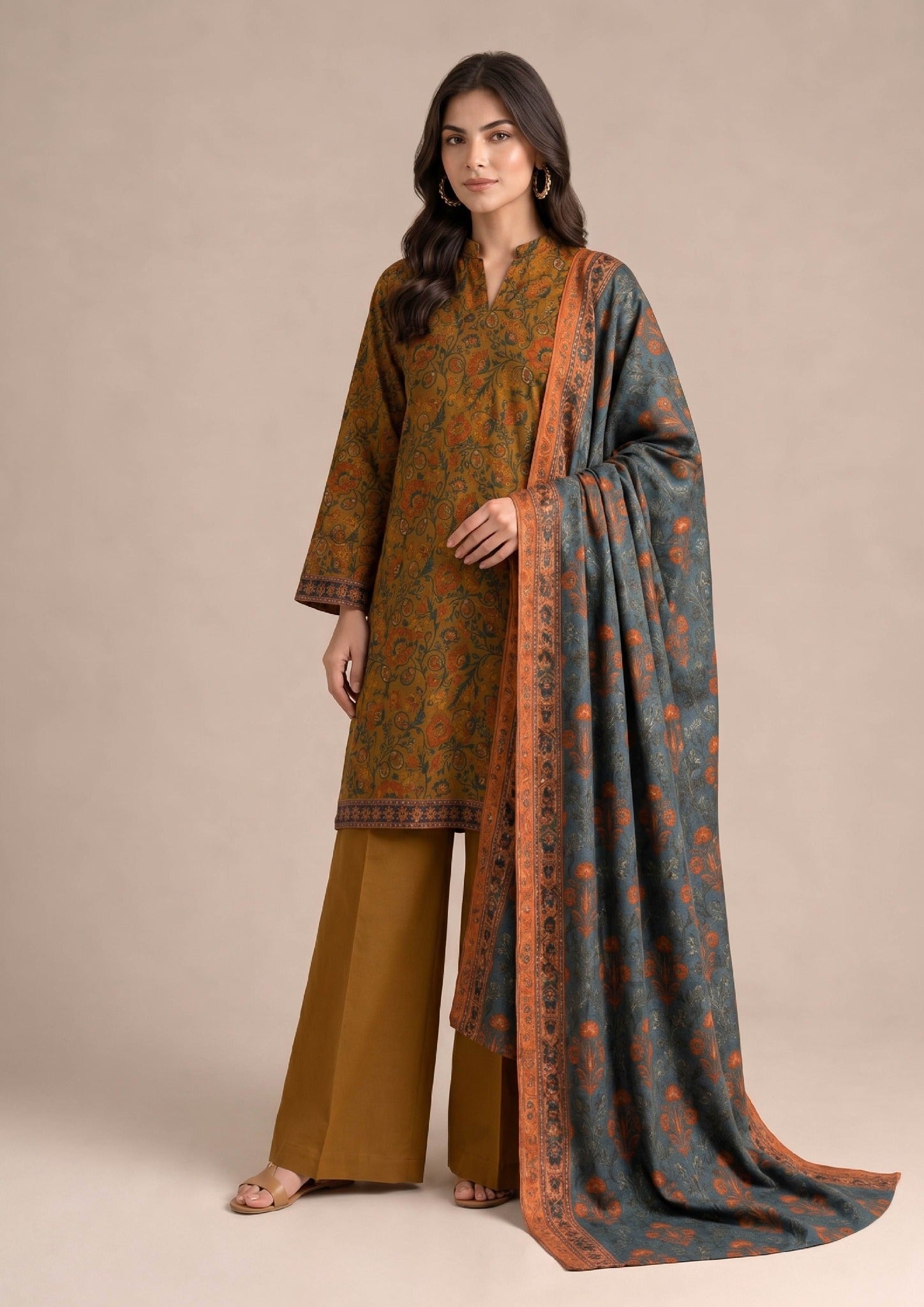Autumn Petals Pakistani Lawn Suit with printed dupatta and autumn mustard trouser by Mirasl