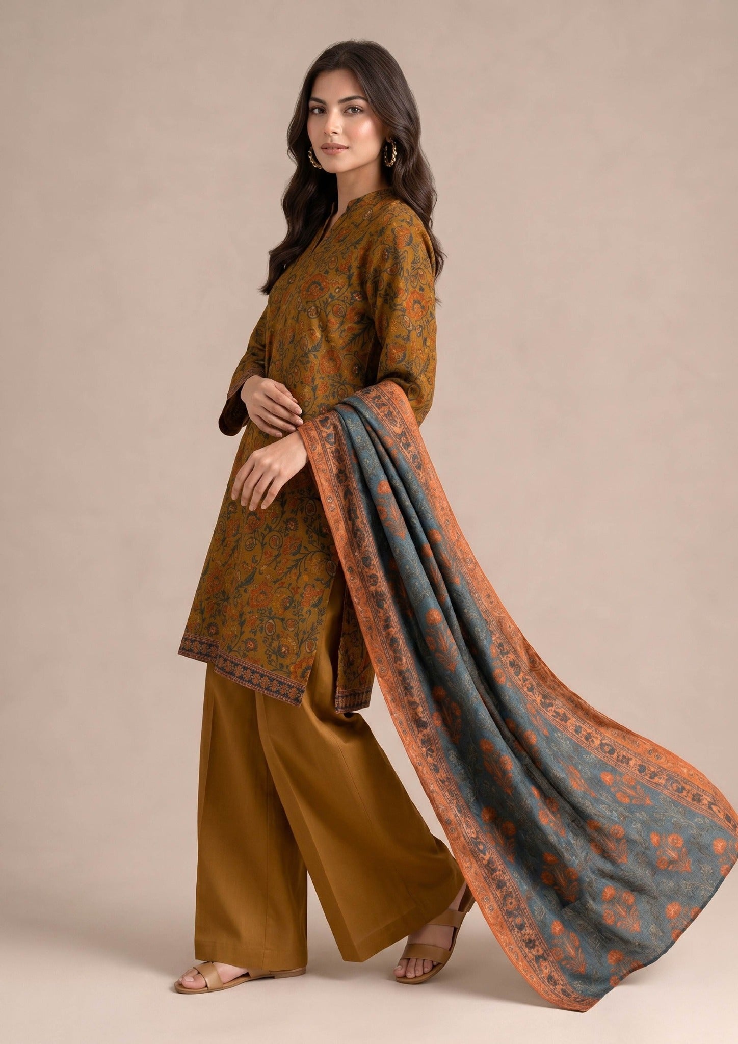 Autumn Petals women's lawn suit with blue grey printed dupatta by Mirasl