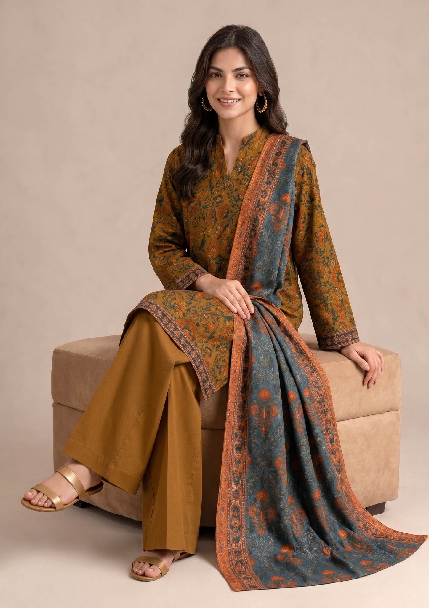 Back view of Autumn Petals 3 Piece Stitched Lawn Suit with printed dupatta by Mirasl