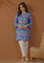 Back close-up view of Mirasl Azure Oasis printed lawn shirt showing blue palm motif pattern and relaxed straight fit.