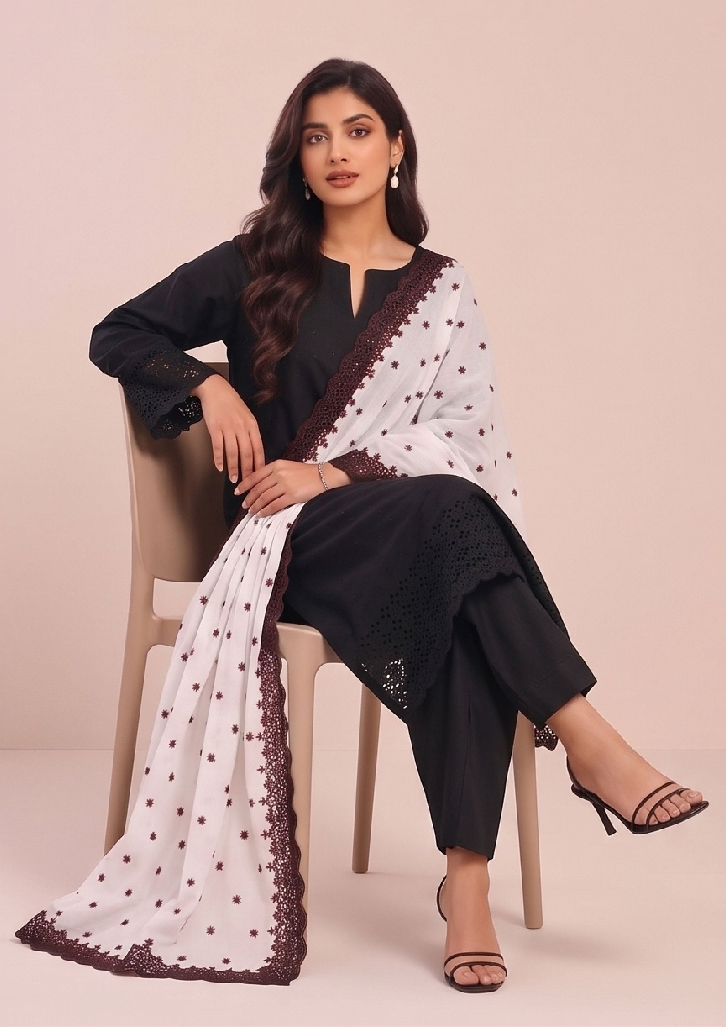 Black chikankari lawn suit with white embroidered dupatta and maroon border detailing by Mirasl