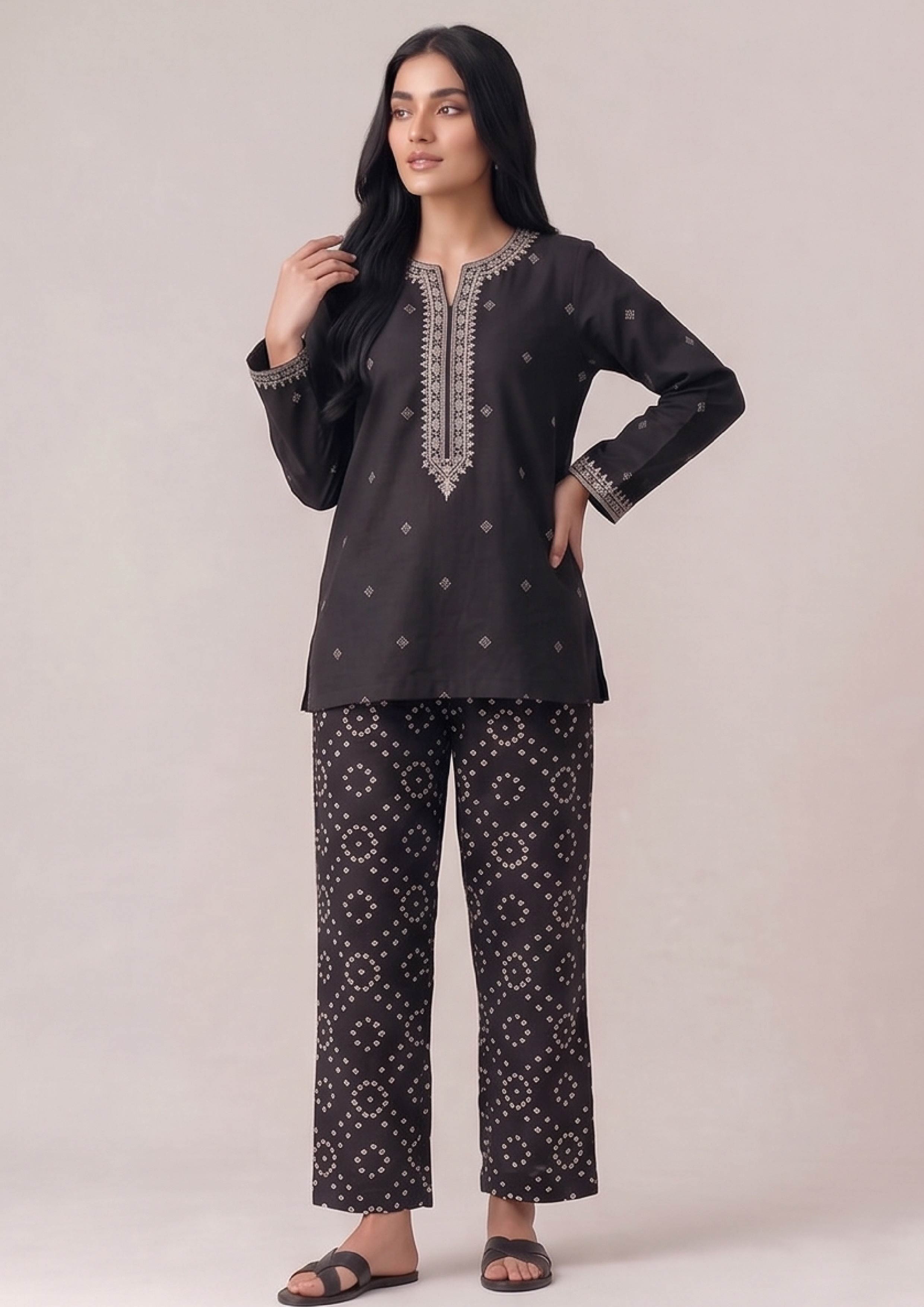 Black chunri printed trouser by Mirasl with white motif detail for everyday wear