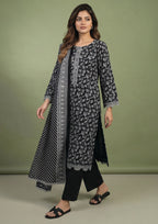 Black floral lawn suit by Mirasl featuring chevron printed dupatta, stitched shirt and ready to wear trouser for Pakistani women