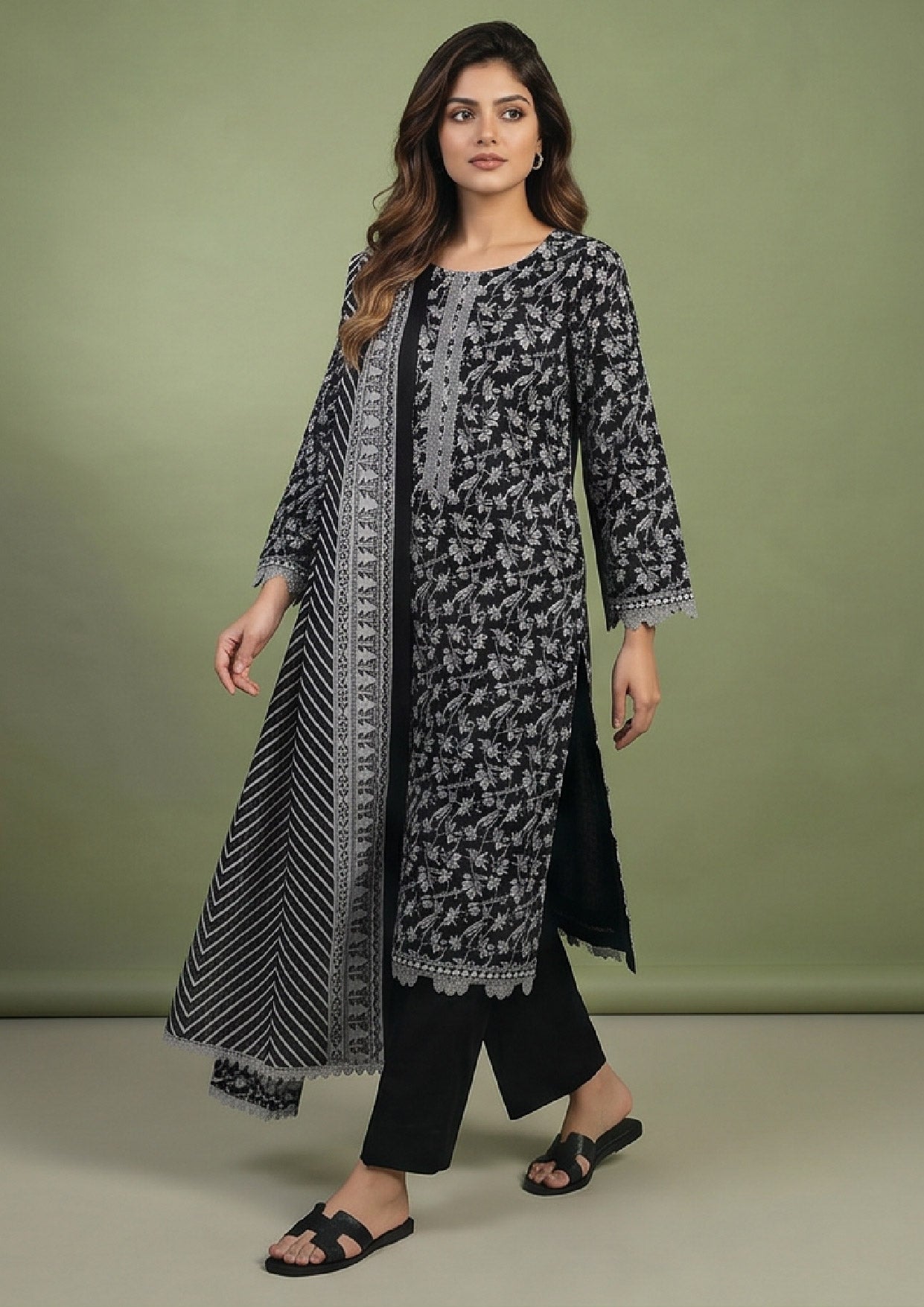 Black floral lawn suit by Mirasl featuring chevron printed dupatta, stitched shirt and ready to wear trouser for Pakistani women