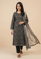 Black floral lawn suit by Mirasl featuring a graceful grey dupatta, printed shirt and ready to wear trouser for Pakistani women