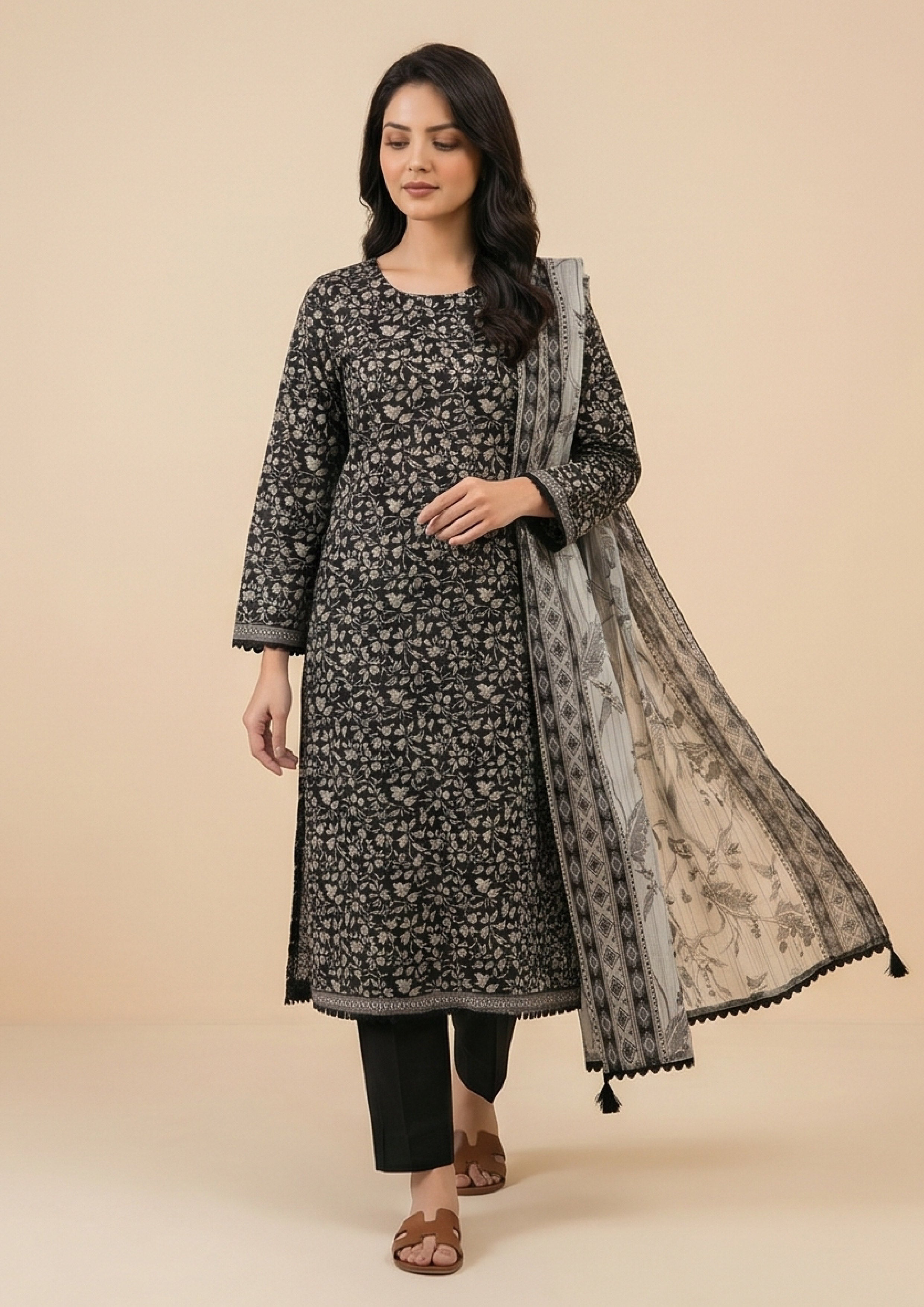 Black floral lawn suit by Mirasl featuring a graceful grey dupatta, printed shirt and ready to wear trouser for Pakistani women