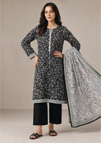 Black floral lawn suit by Mirasl featuring ivory marble printed dupatta, stitched shirt and ready to wear trouser