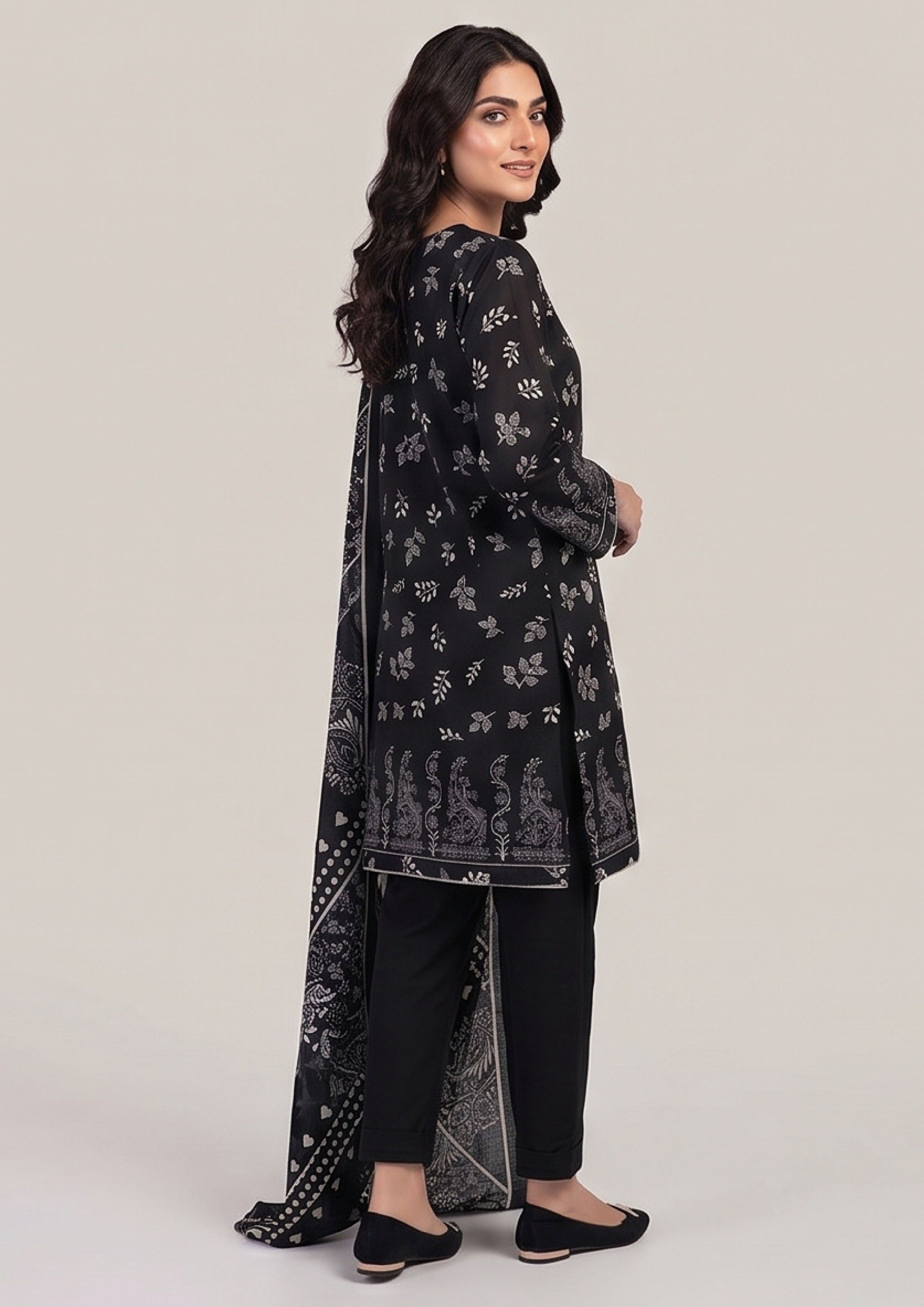 Black lawn suit with ivory foliage print ready to wear 3 piece Pakistani outfit by Mirasl