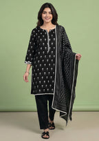 Black motif lawn suit by Mirasl featuring ivory printed shirt, black trouser and monochrome chevron dupatta front view