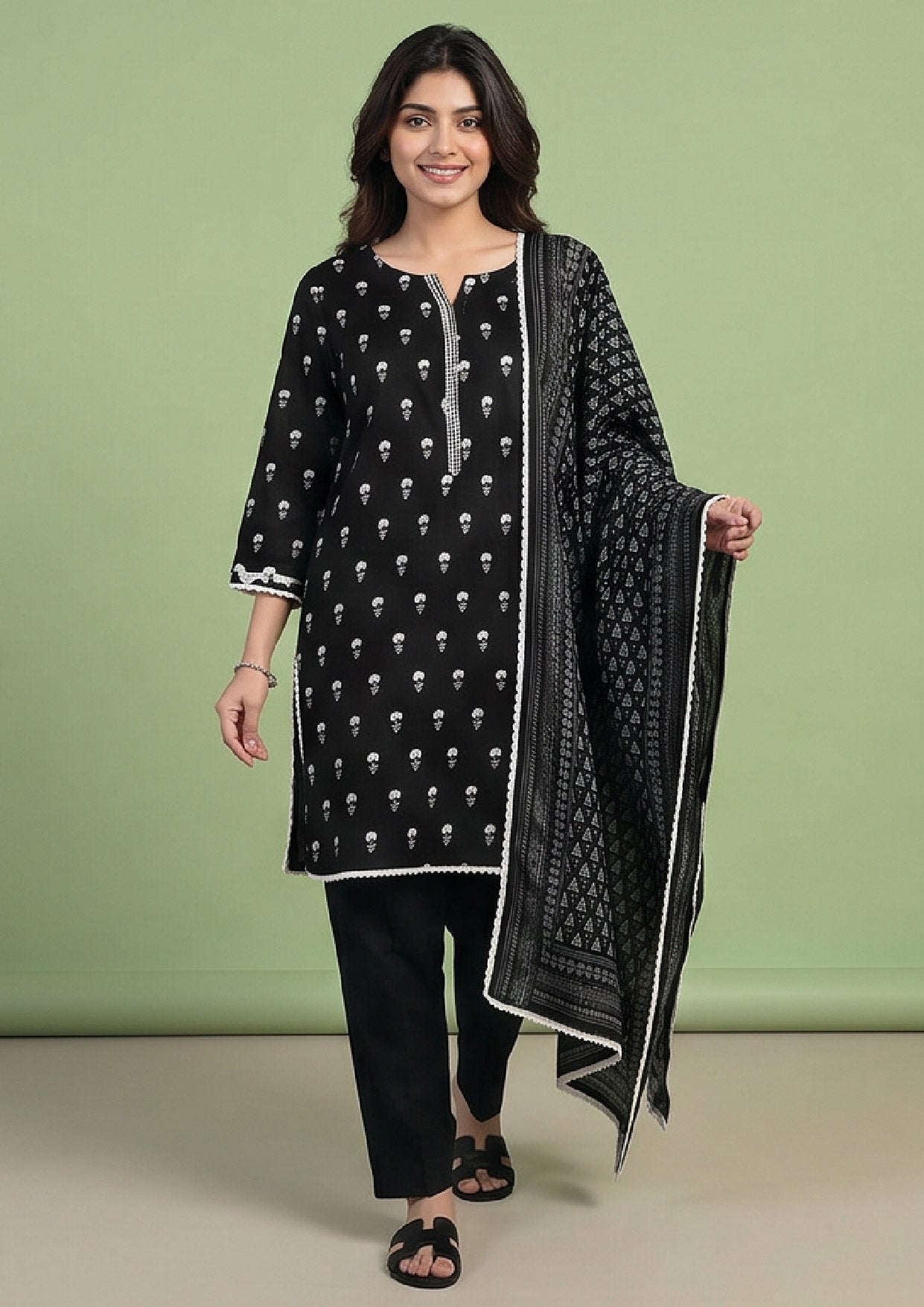 Black motif lawn suit by Mirasl featuring ivory printed shirt, black trouser and monochrome chevron dupatta front view