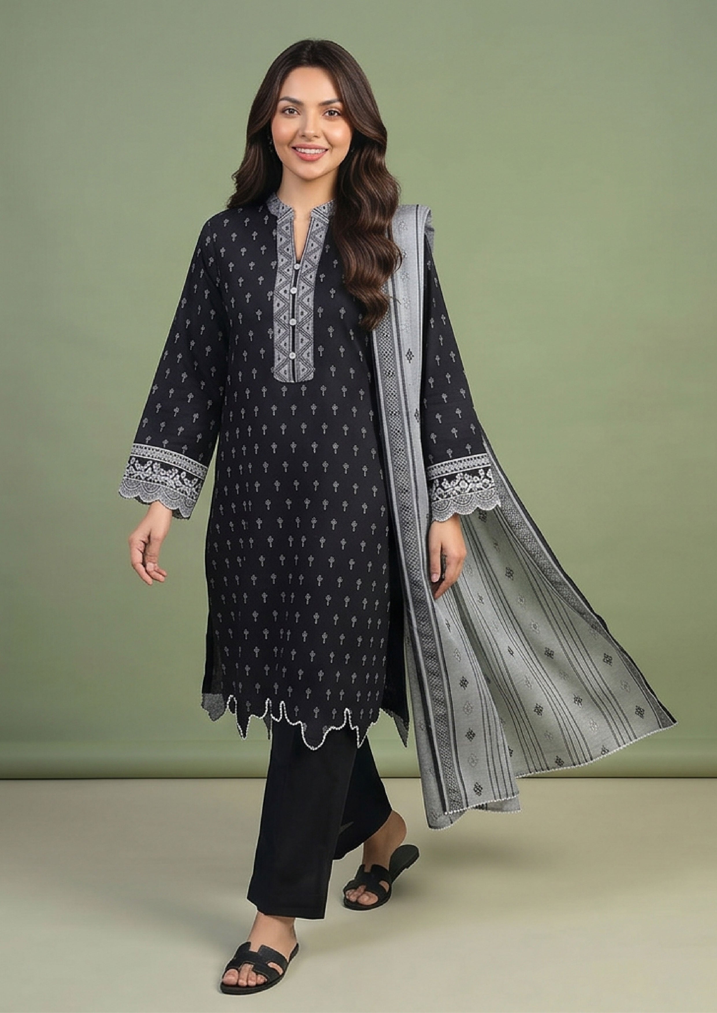 Black motif lawn suit by Mirasl featuring embroidered style neckline, lace sleeve detail and grey printed dupatta front view