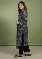 Black printed stitched lawn suit by Mirasl with elegant dupatta border, floral shirt detailing and refined modest Pakistani styling