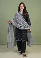 Black stitched lawn suit by Mirasl with grey printed dupatta, wide-leg trouser and elegant everyday ready to wear look