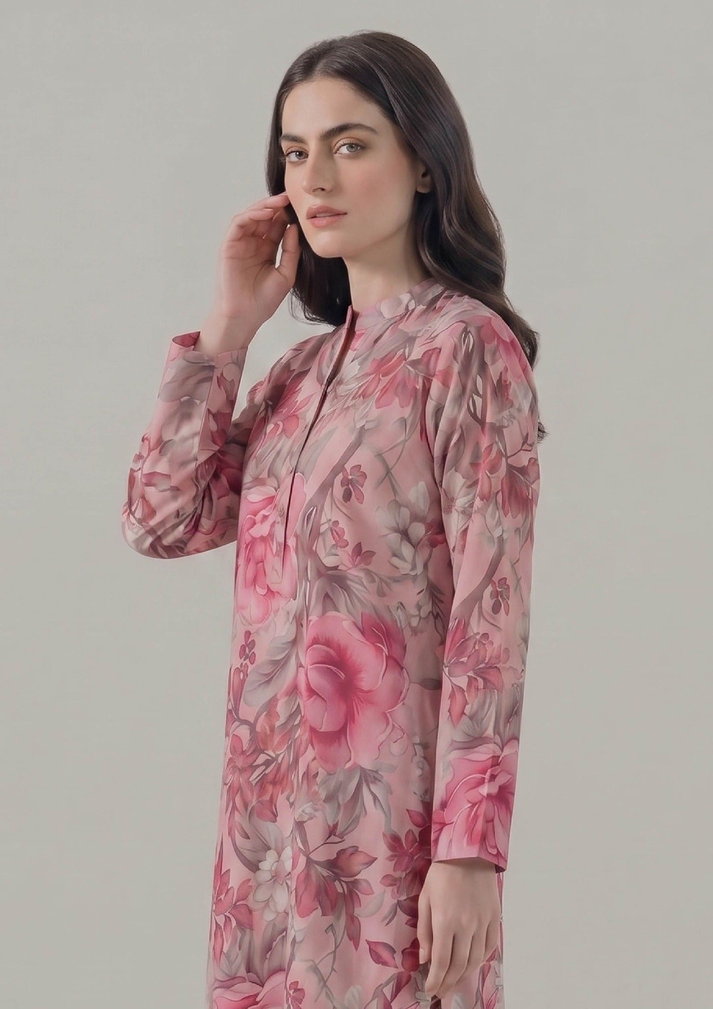 Close-up of Mirasl Blossom Fusion printed lawn shirt featuring blush pink floral print and band collar neckline.