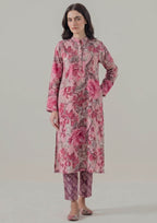 Front view of Mirasl Blossom Fusion ready to wear lawn co-ord set with knee-level shirt and printed straight trouser.