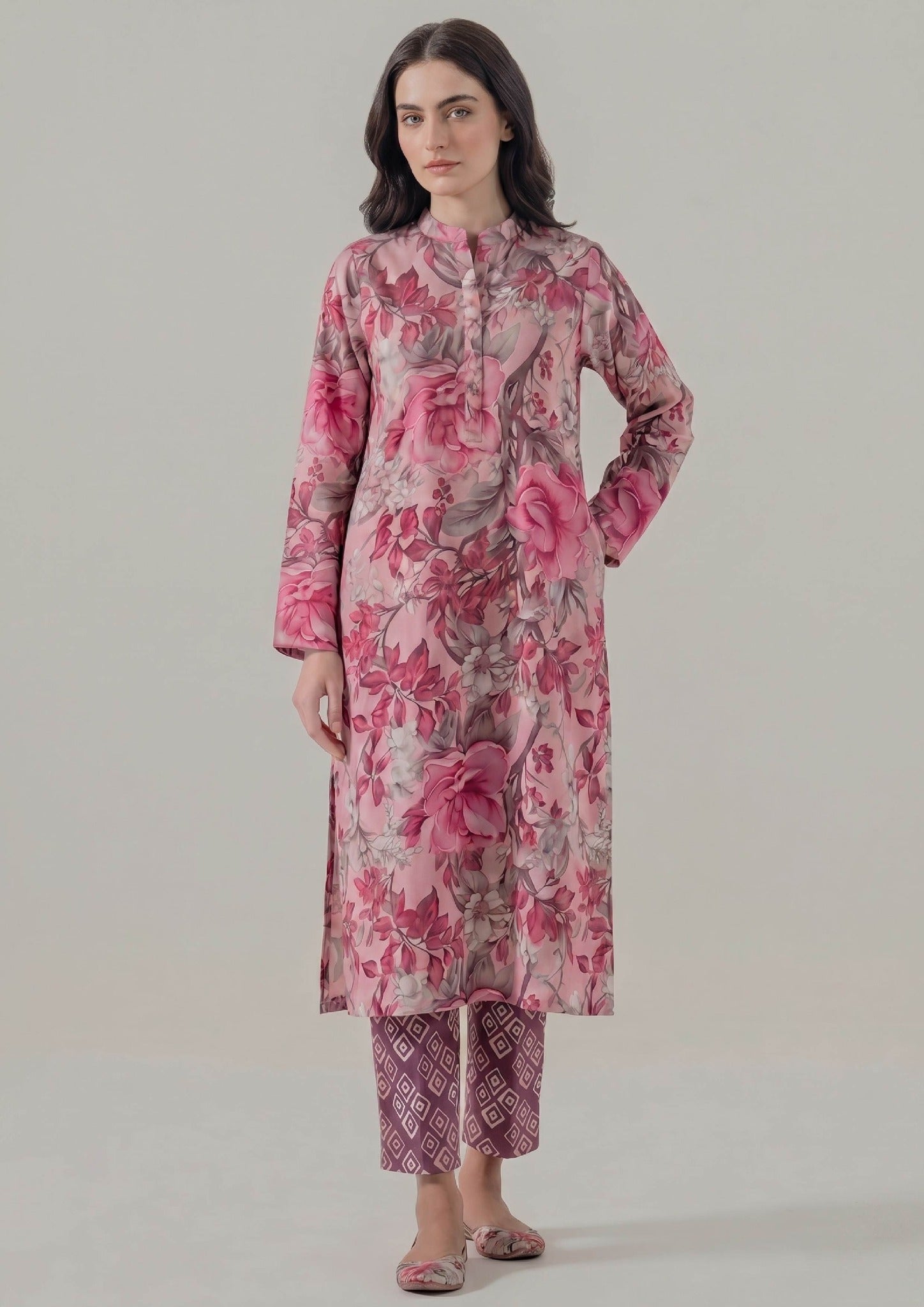 Front view of Mirasl Blossom Fusion ready to wear lawn co-ord set with knee-level shirt and printed straight trouser.