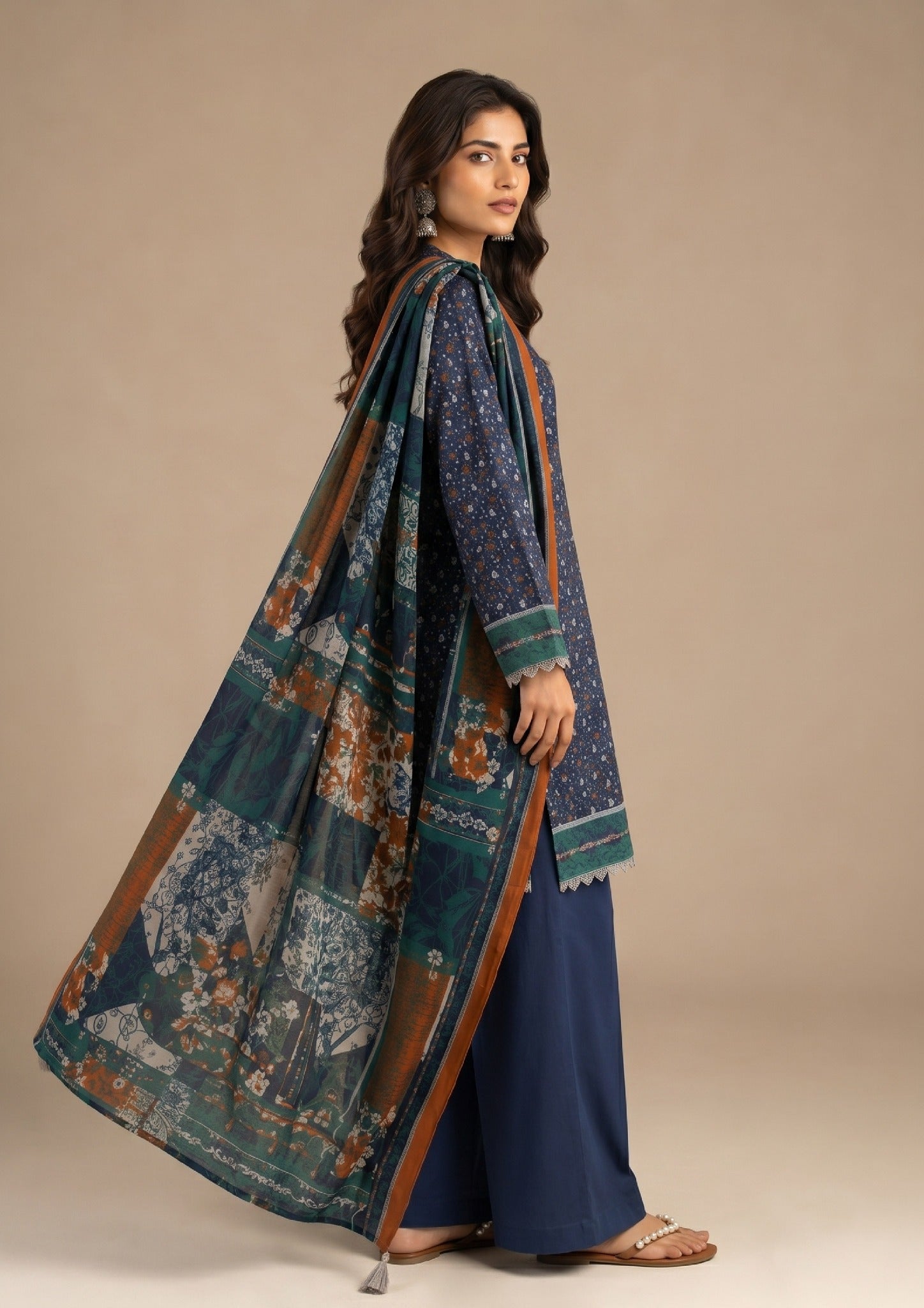 Blue Patels 3 Piece Stitched Lawn Suit from the fasl-e-rang collection by Mirasl with navy floral printed lawn shirt and patterned dupatta