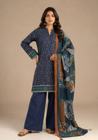 Blue Patels 3 Piece Stitched Lawn Suit from the fasl-e-rang collection by Mirasl showing side view with printed dupatta and navy trouser