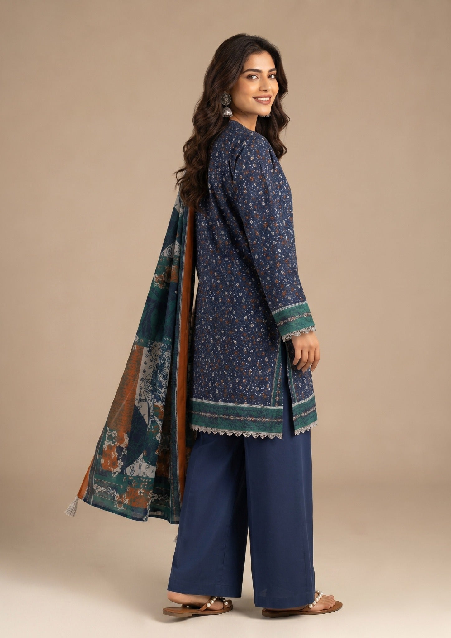 Blue Patels 3 Piece Stitched Lawn Suit from the fasl-e-rang collection by Mirasl front look with navy shirt and contrast printed dupatta